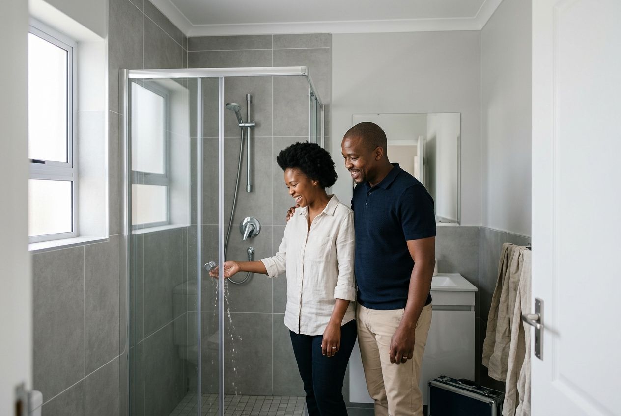 A couple laugh with relief in their newly repaired bathroom as she runs her hand under the working shower.