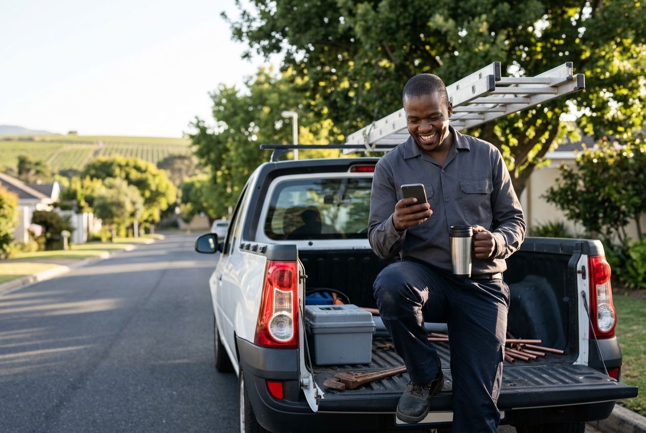 A plumber sits on the tailgate of his bakkie on a Durbanville street with a coffee, smiling at a new lead on his phone.