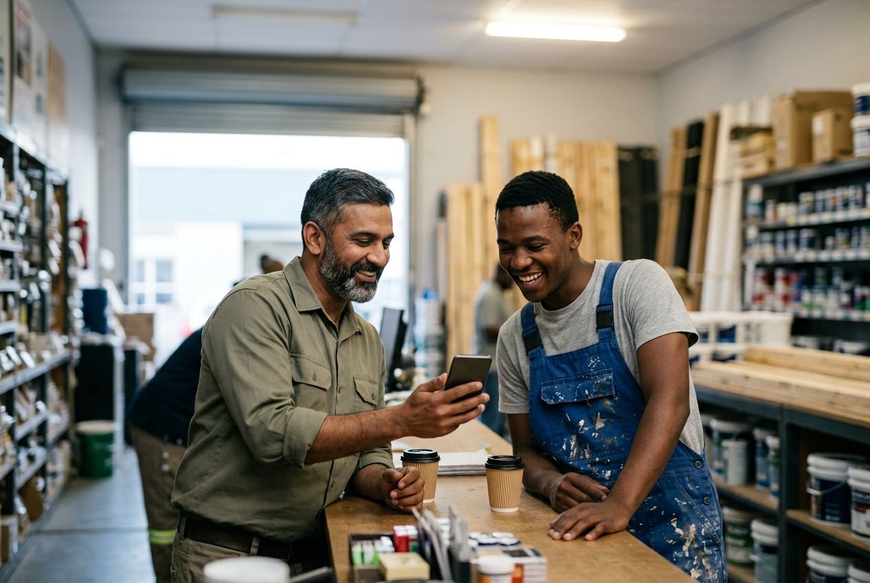 Two tradesmen at a builders' merchant counter laugh over coffee as one shows the other something on his phone.