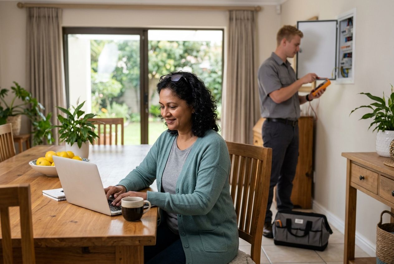 A homeowner works on her laptop at the dining table, relaxed and smiling, while an electrician tests the distribution board behind her.