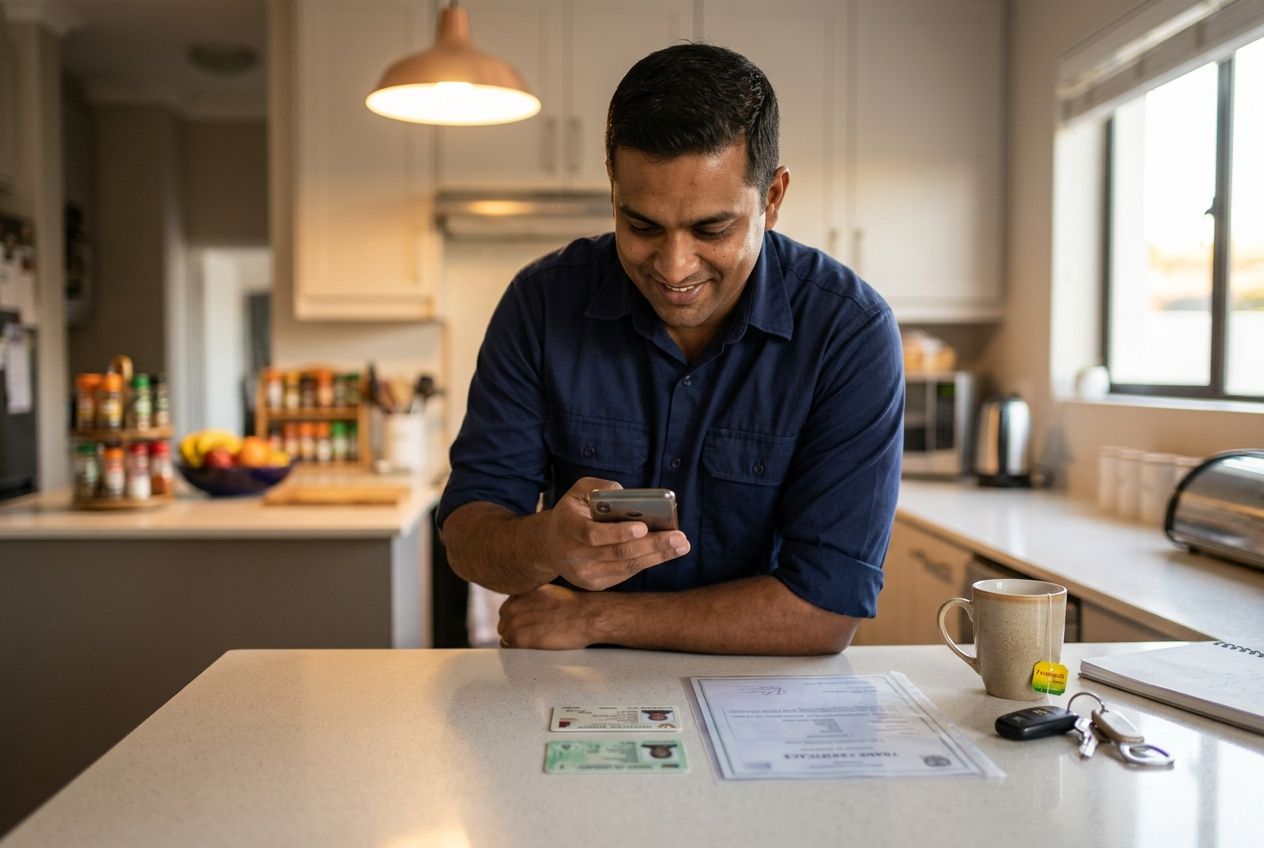 A tradesperson at his kitchen counter smiles as he photographs his ID and trade certificate with his phone.